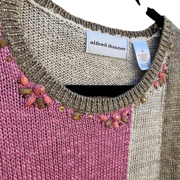 Alfred Dunner Vintage Womens Beaded Neckline Pink Tan Colorblock Knit Sweater M - Picture 7 of 9